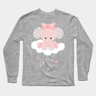 Elephant On A Cloud, Cute Elephant, Crown, Stars Long Sleeve T-Shirt